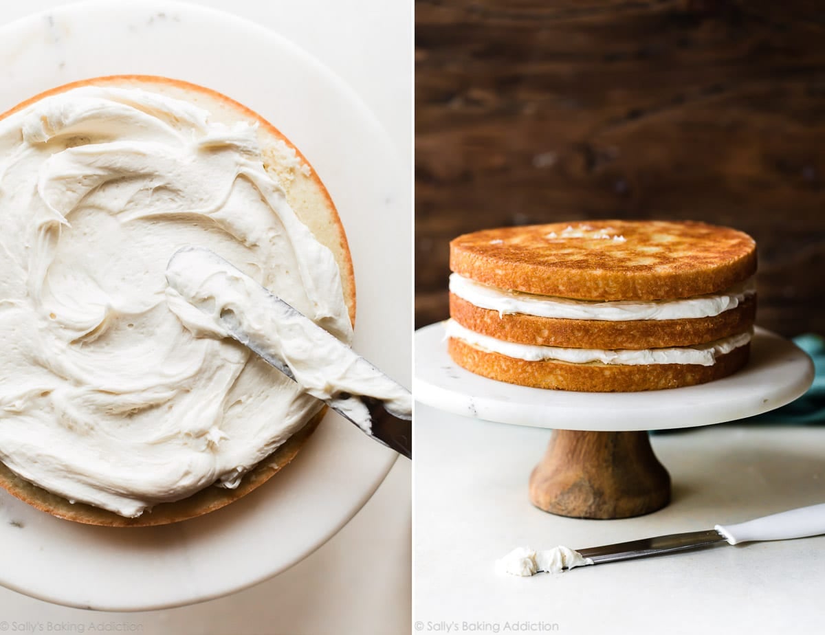 2 images of frosting coconut cake on cake stand from overhead and side angles