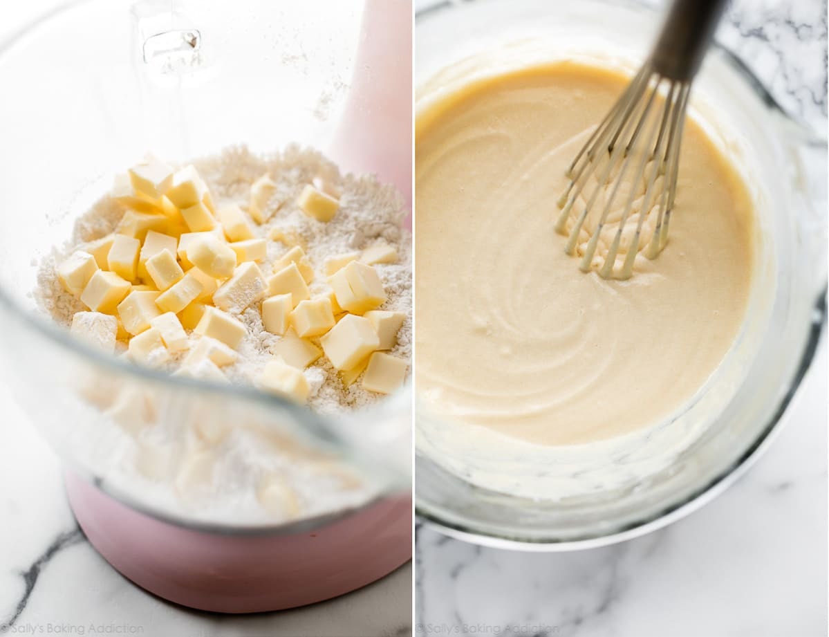 2 images of reverse creaming method for cakes in glass bowls