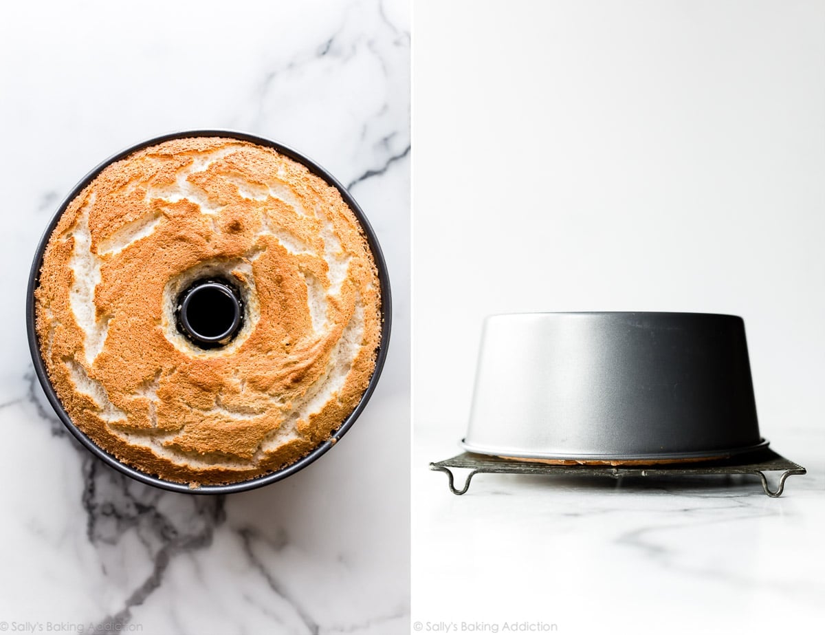 2 images of angel food cake cooling in pan and pan upside down on cooling rack