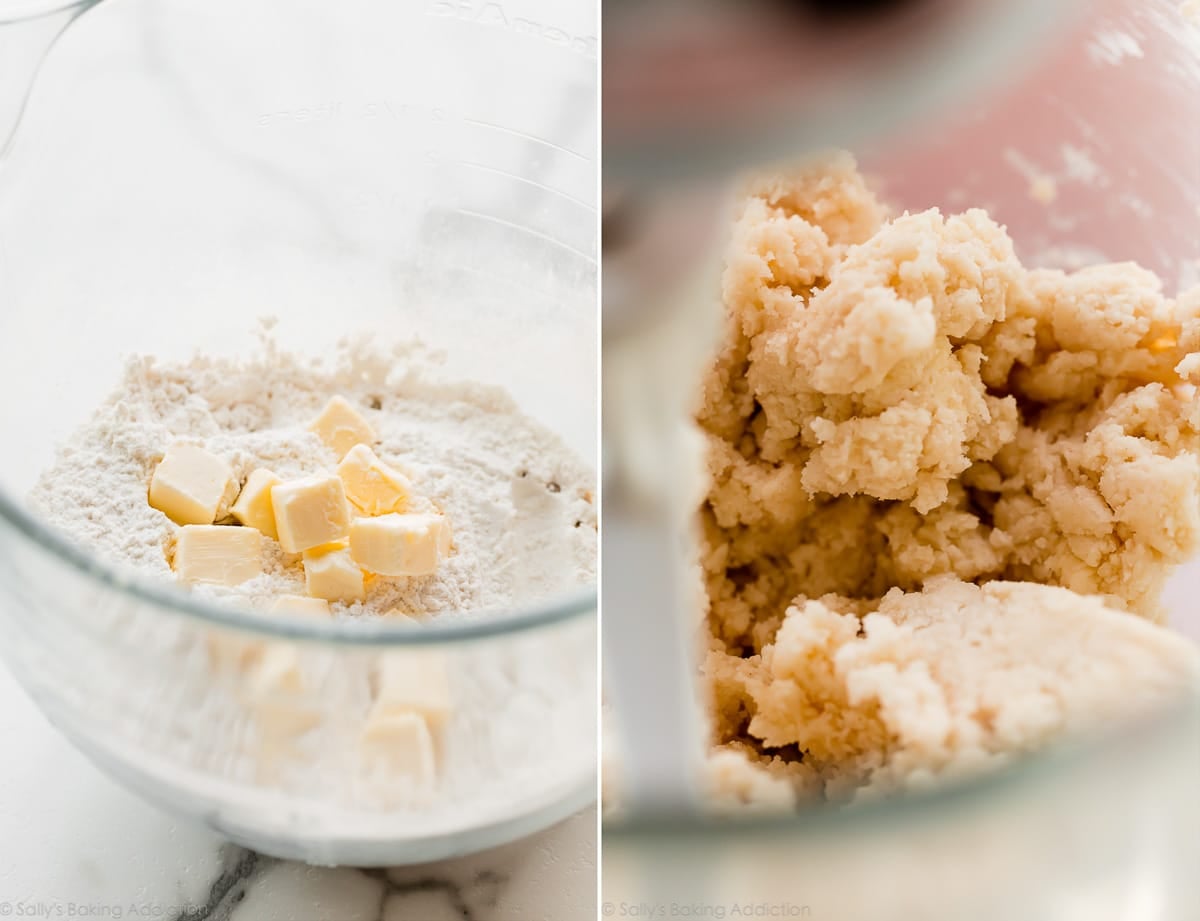 2 images of reverse creaming method for vanilla cake in a glass mixing bowl