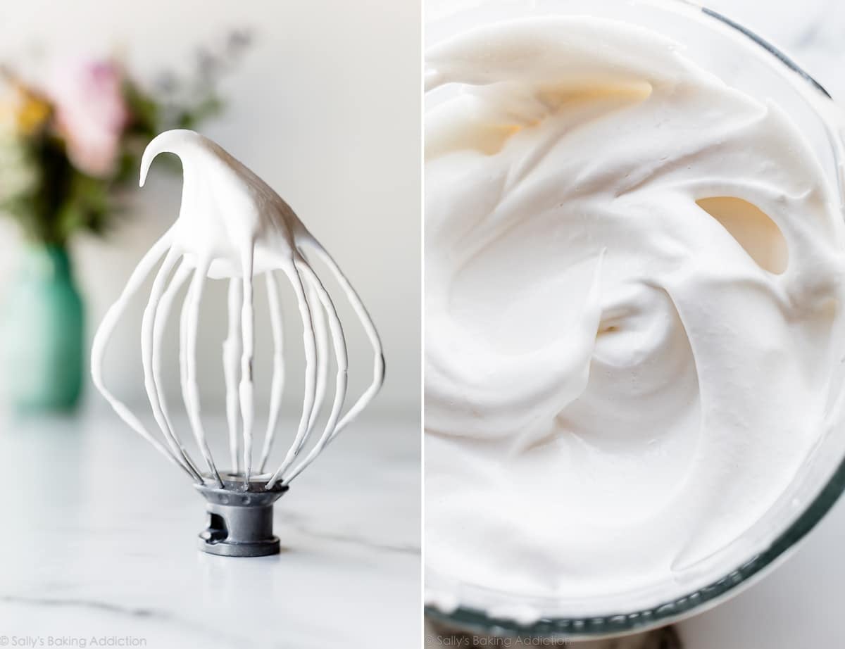 2 images of whipped egg whites on a whisk attachment and in glass bowl