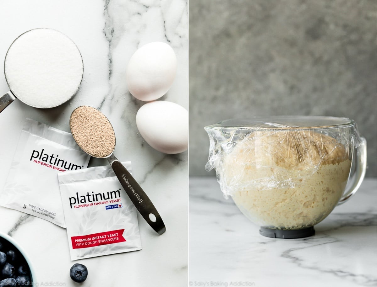 2 images of homemade fritter dough ingredients and dough in a glass bowl