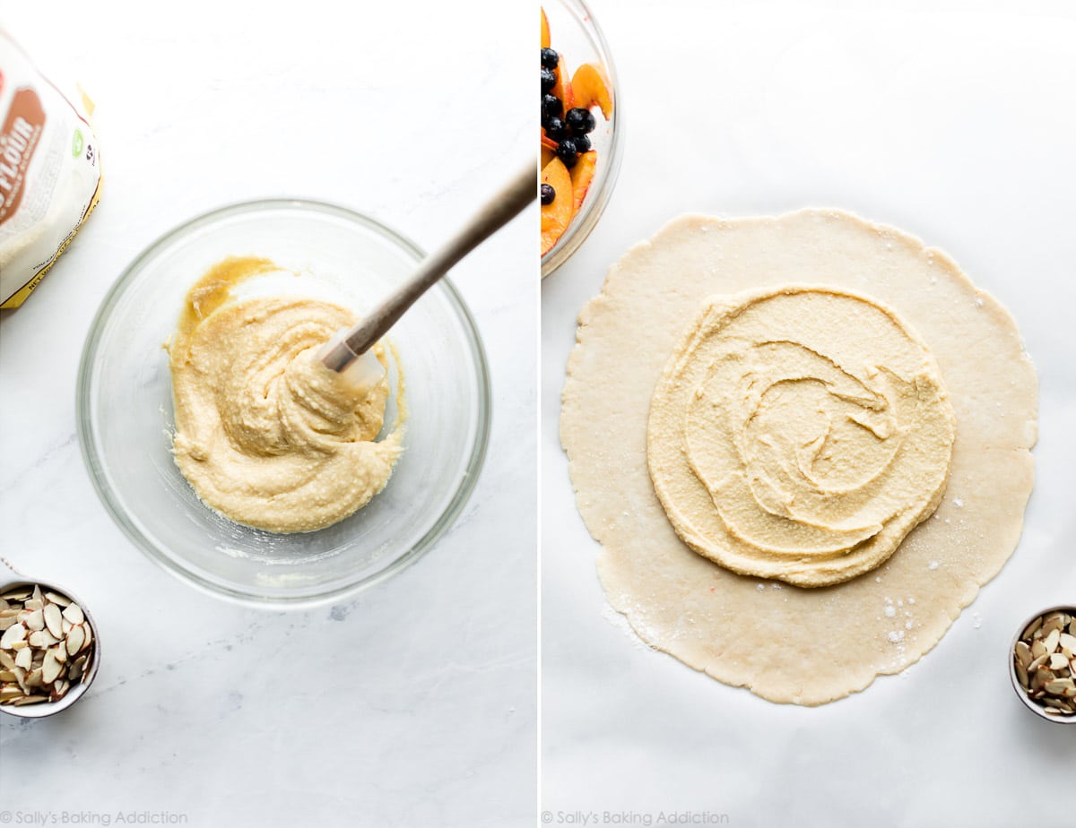 2 images of Frangipane almond cream in a bowl and spread on galette dough