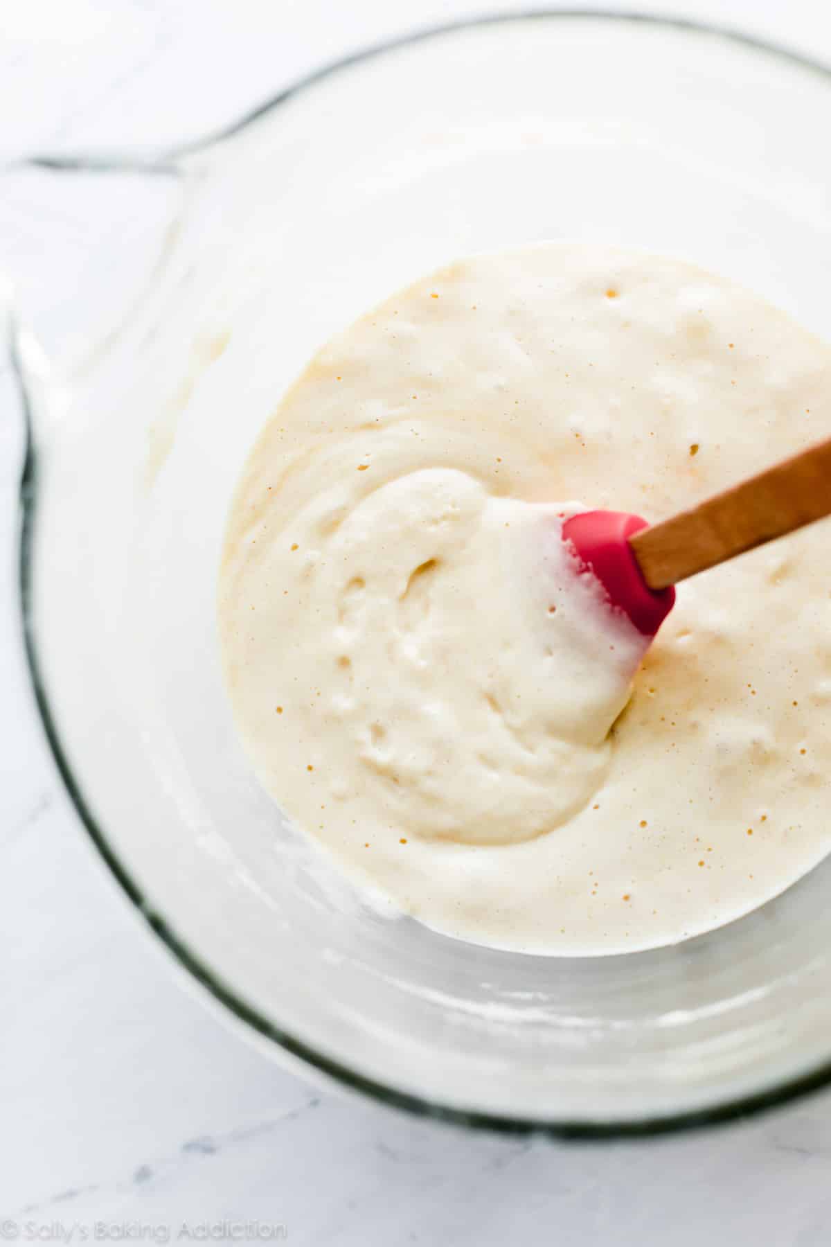 sponge cake batter in glass bowl