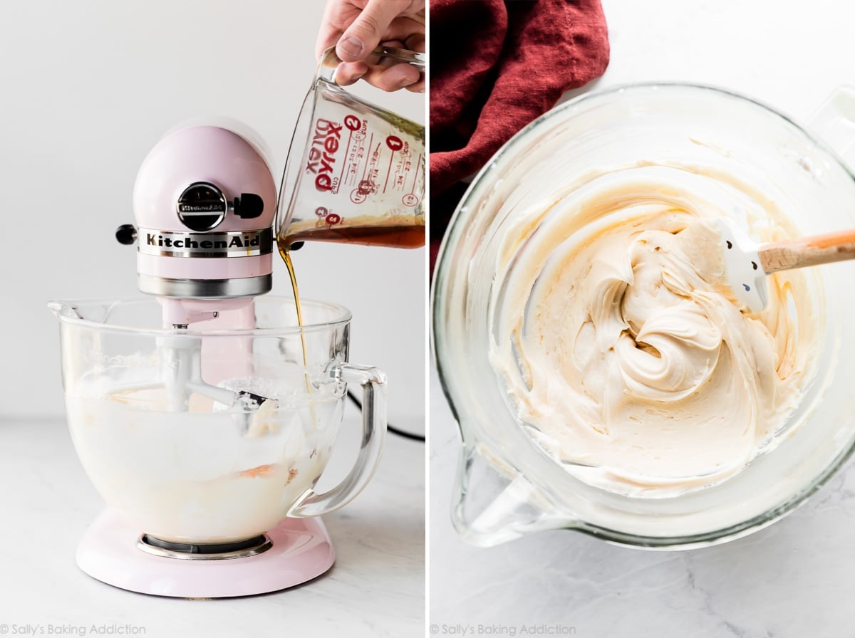 2 images of making burnt sugar frosting in a mixer and burnt sugar frosting with a spatula