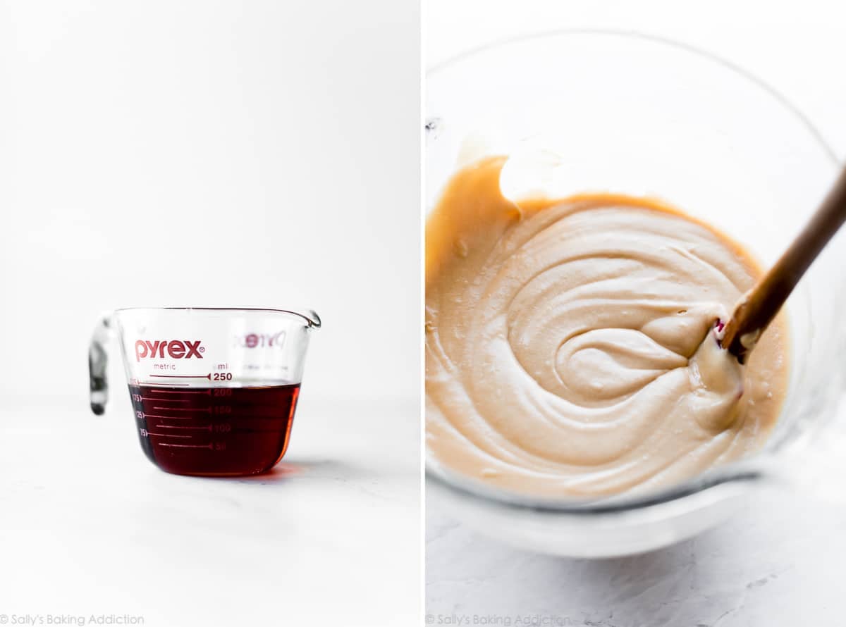 2 images of burnt sugar syrup and burnt sugar cake batter