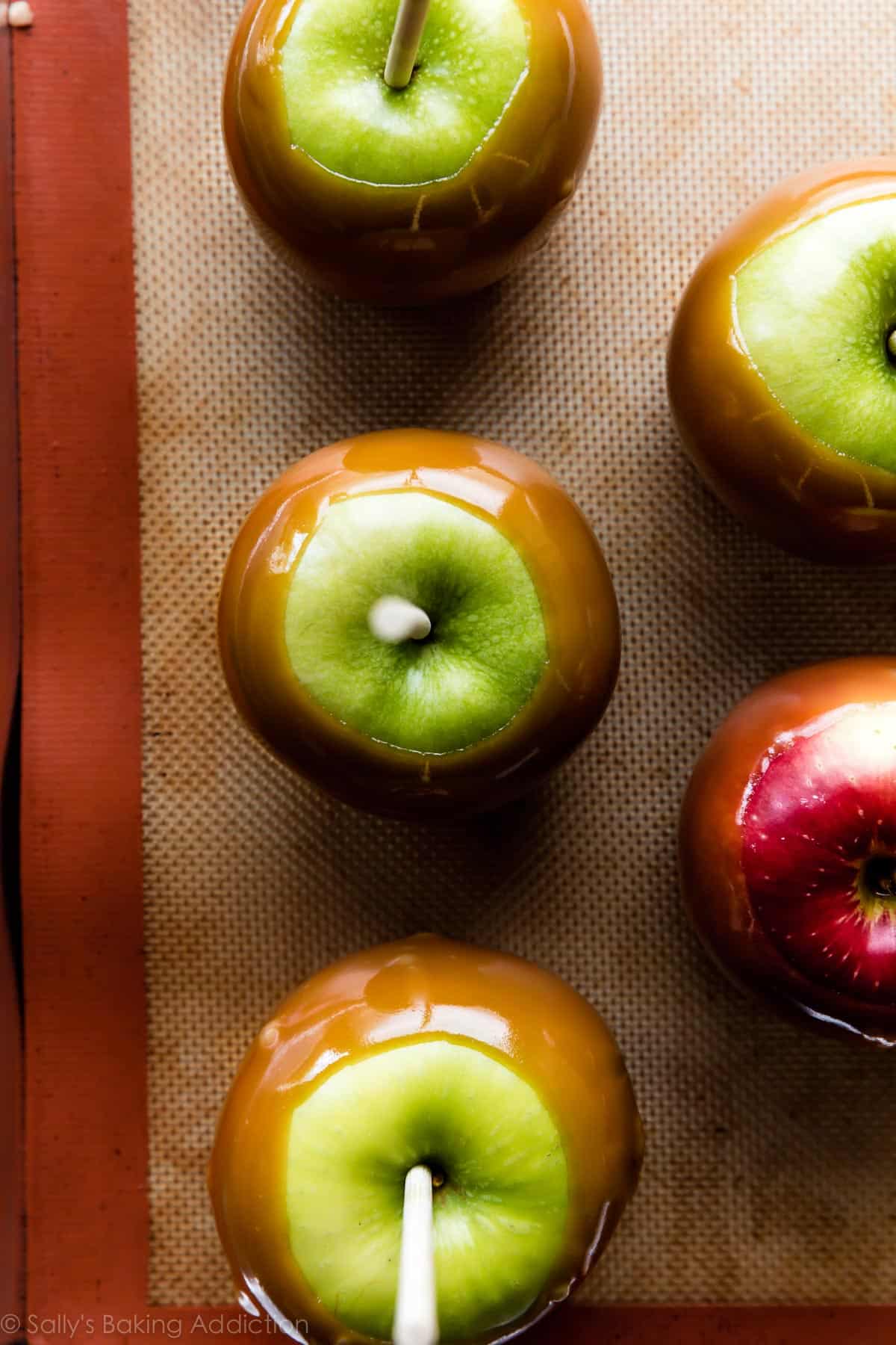 caramel apples on a baking sheet