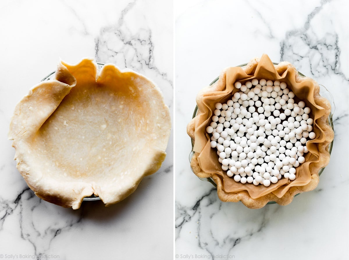 2 images of pie crust before baking and pie crust after blind baking