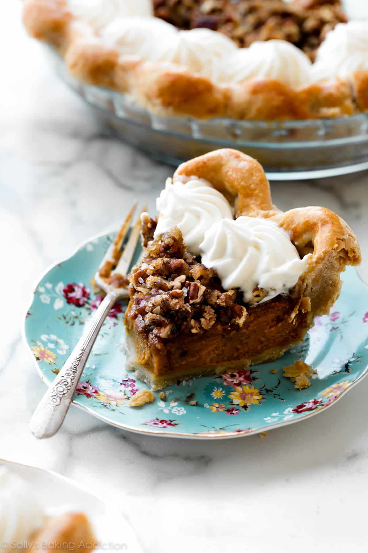 slice of pecan praline pumpkin pie on a plate