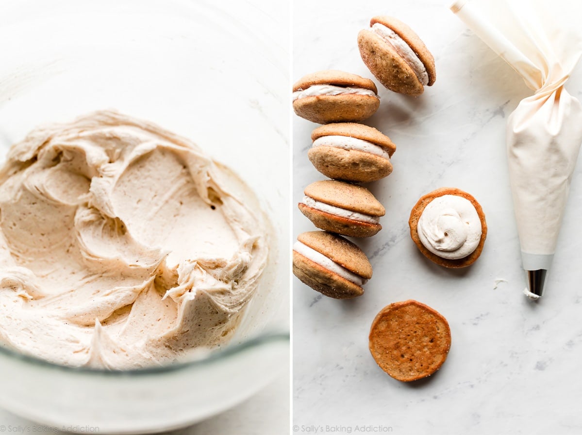 2 images of spiced buttercream filling in a bowl and in a piping bag with whoopie pies