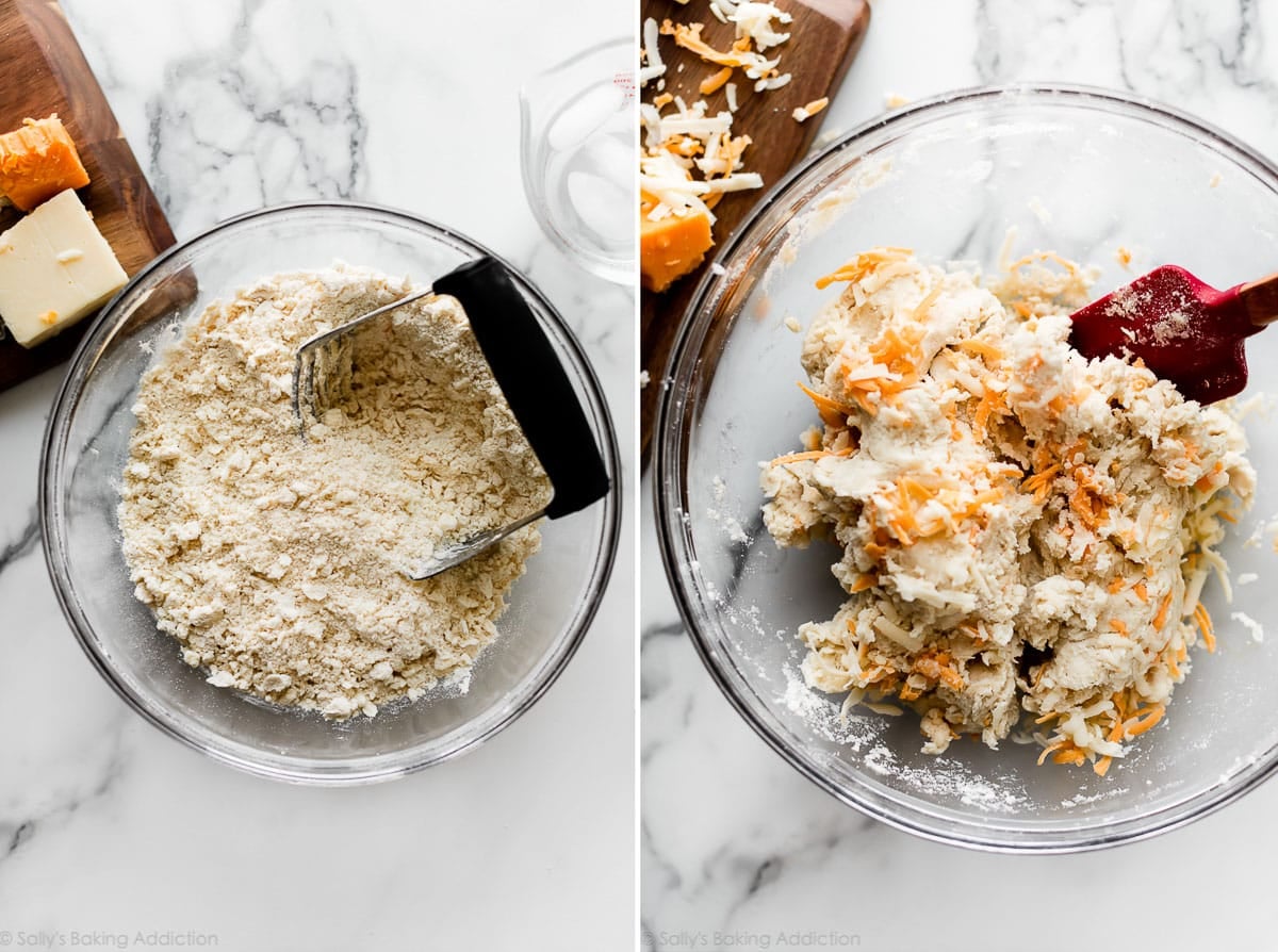 2 images of cheddar pie crust dough in glass bowl