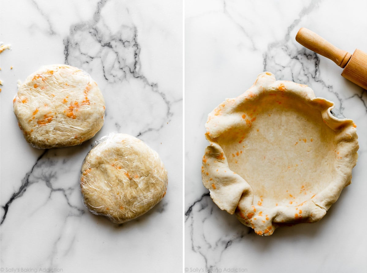 2 images of cheddar pie crust discs and cheddar pie crust rolled out and placed into a pie dish
