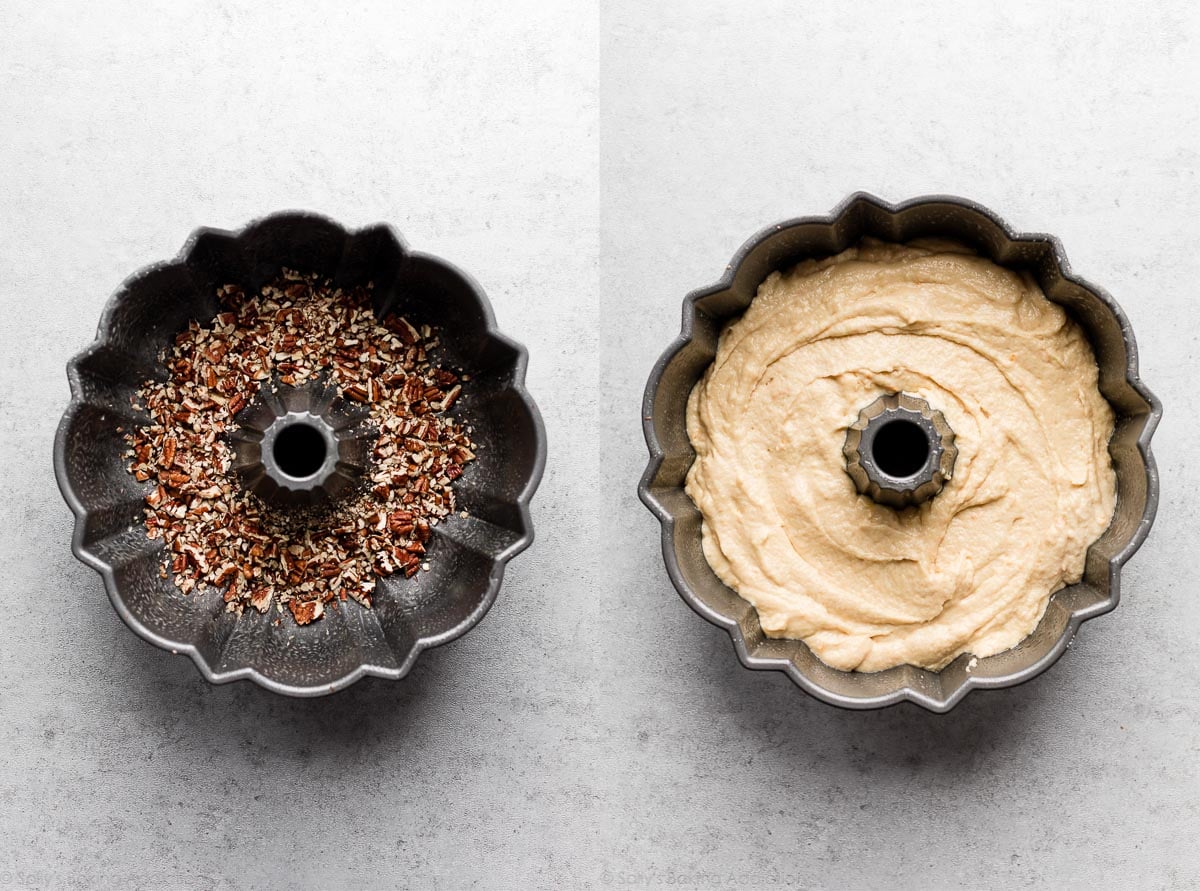 rum cake batter in bundt pan