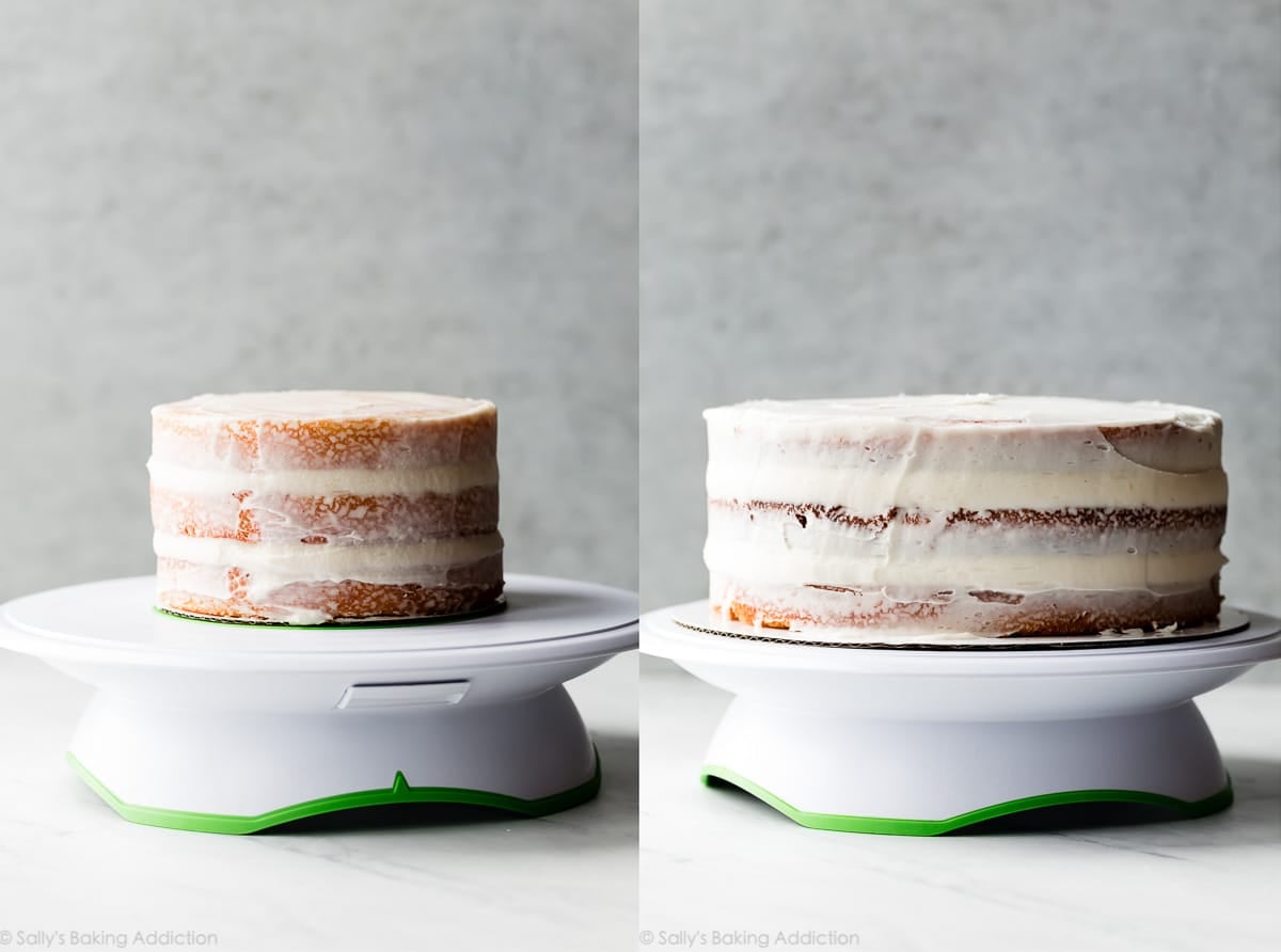 crumb coated cakes on cake turner