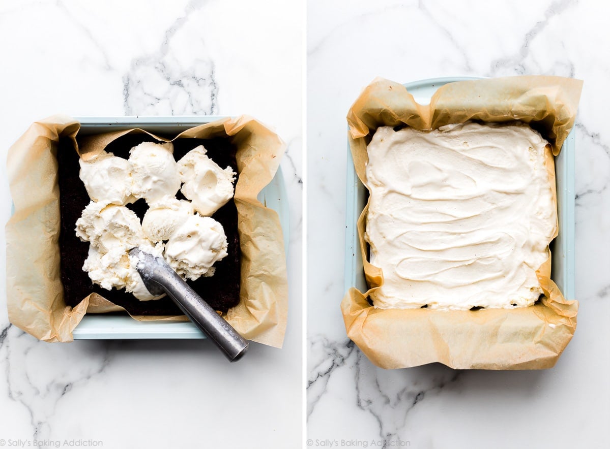 spreading ice cream on pan of brownies
