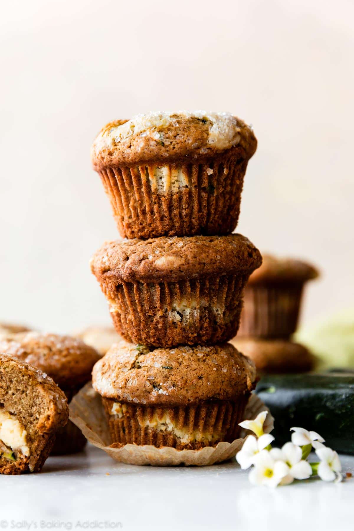 stack of cream cheese zucchini muffins