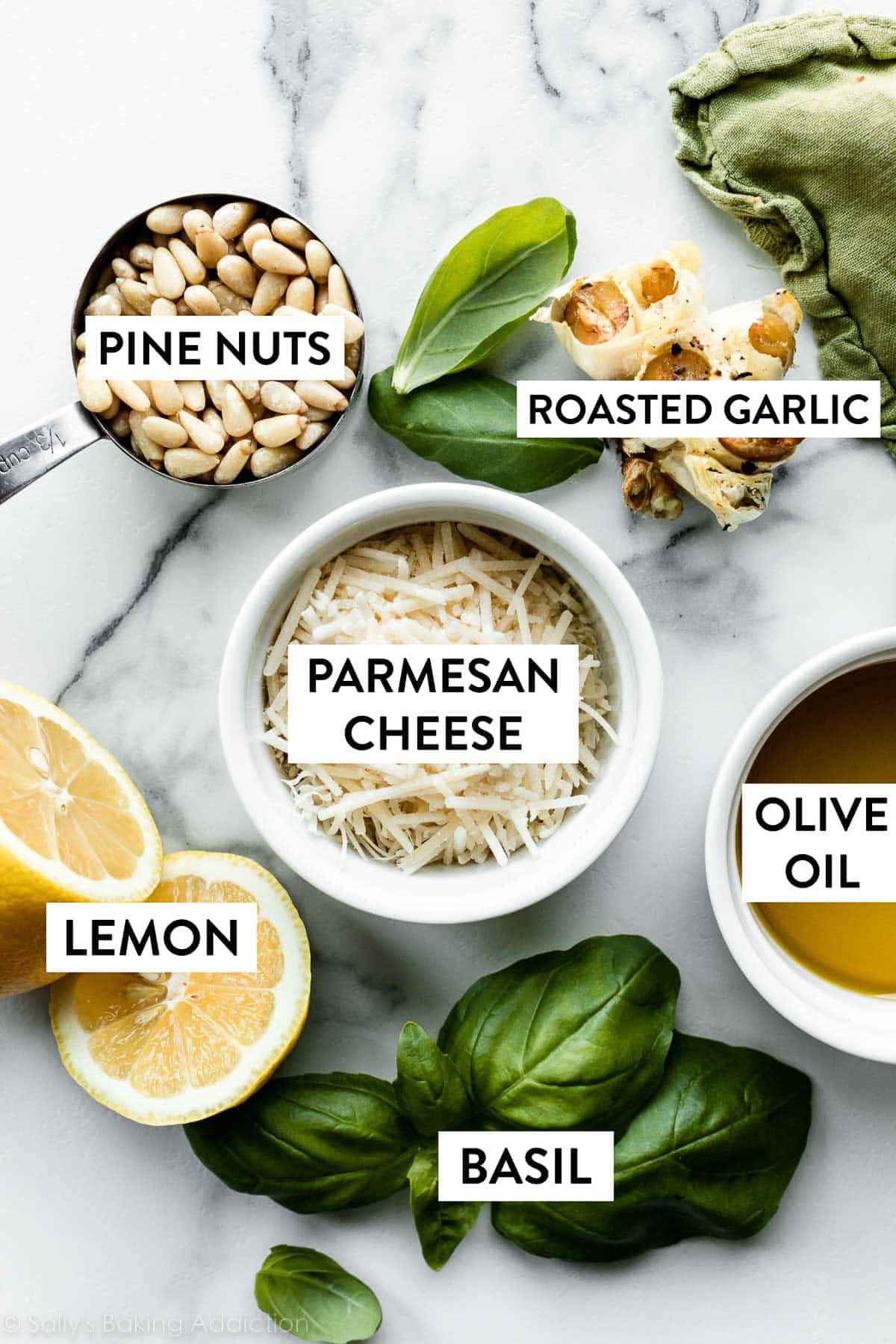 parmesan cheese, roasted garlic, pine nuts, olive oil, lemon, and basil on countertop.
