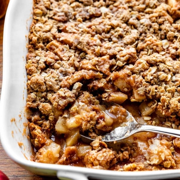 apple crisp in white baking dish