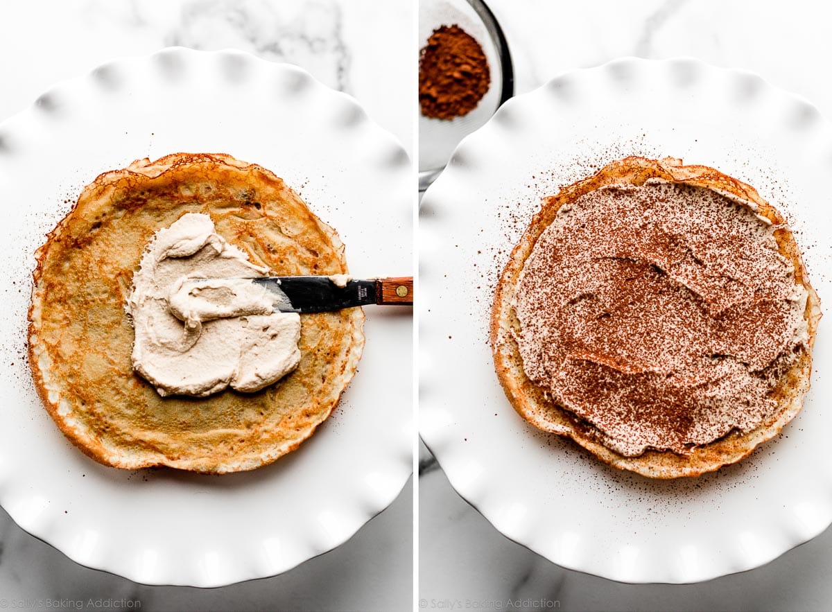 assembling tiramisu crepe cake