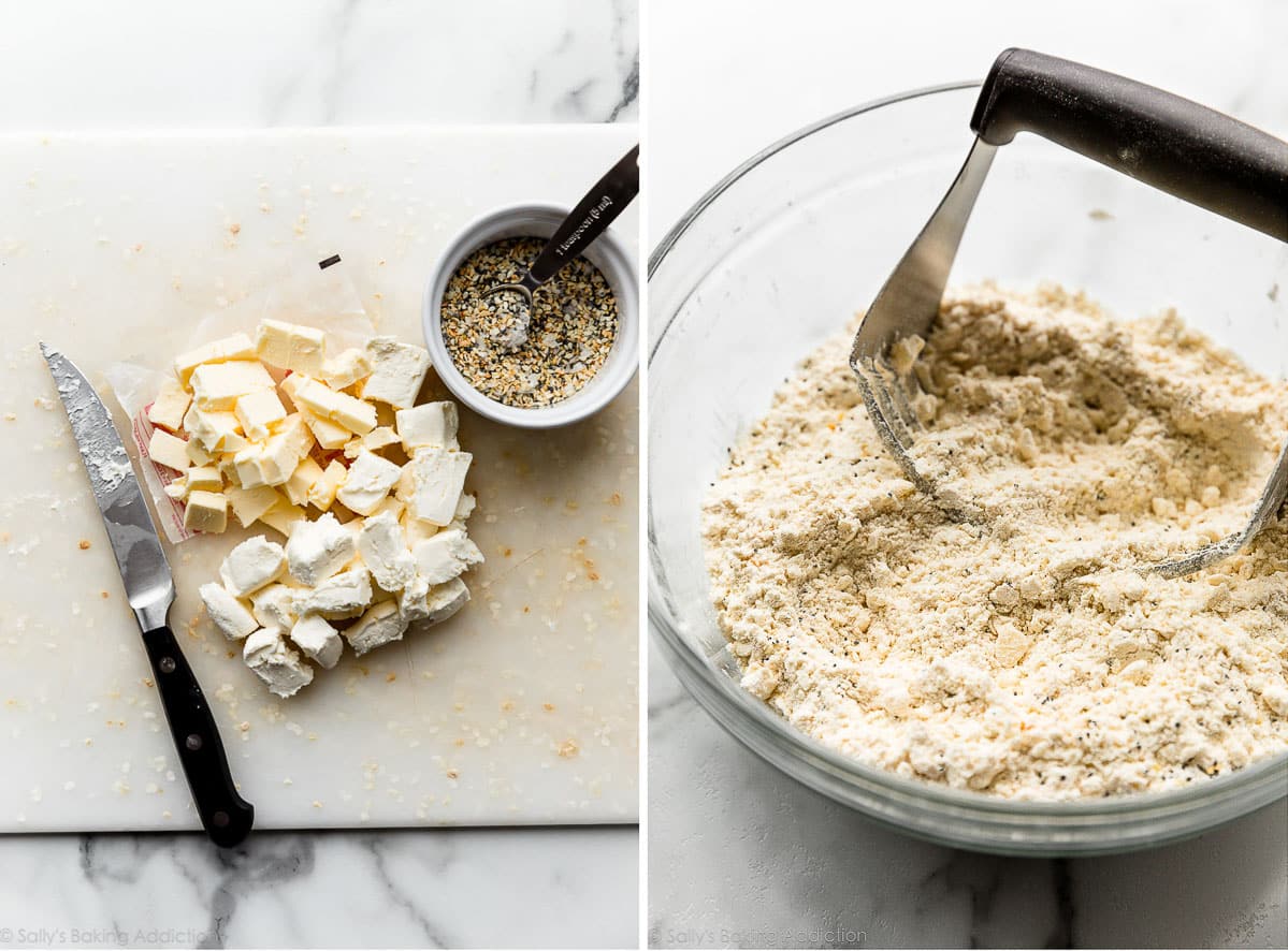 cream cheese and butter cut into dry biscuit ingredients