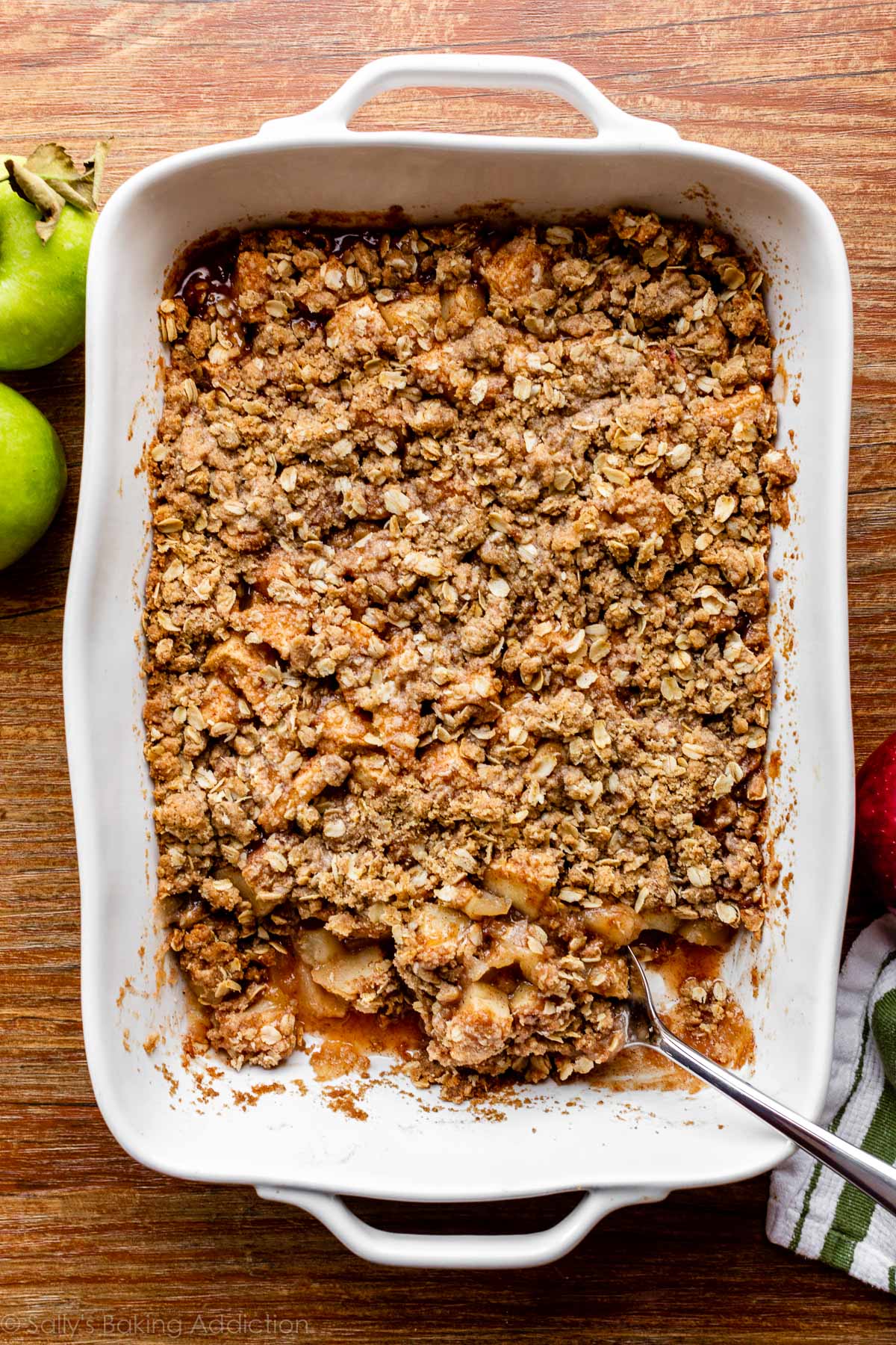 apple crisp in white baking dish