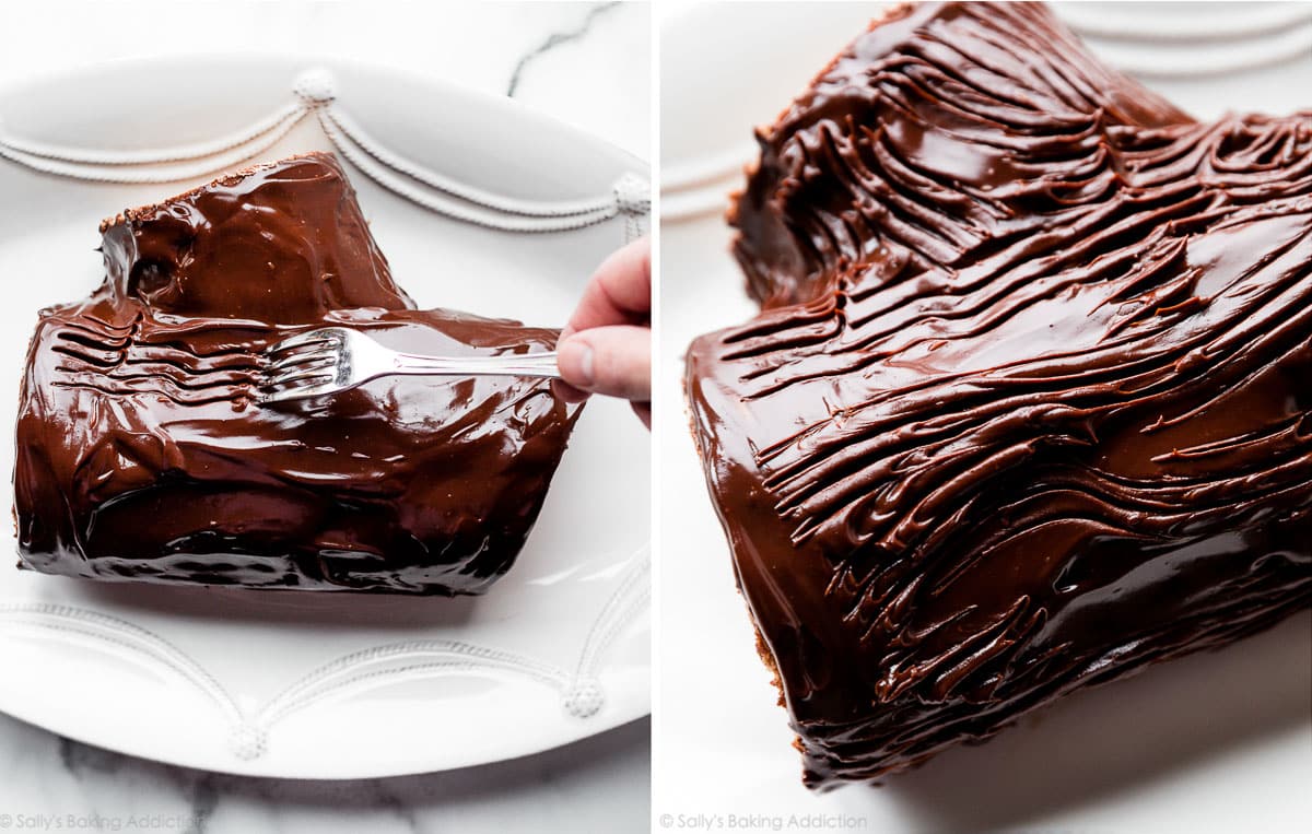 running a fork in chocolate ganache to make the yule log design