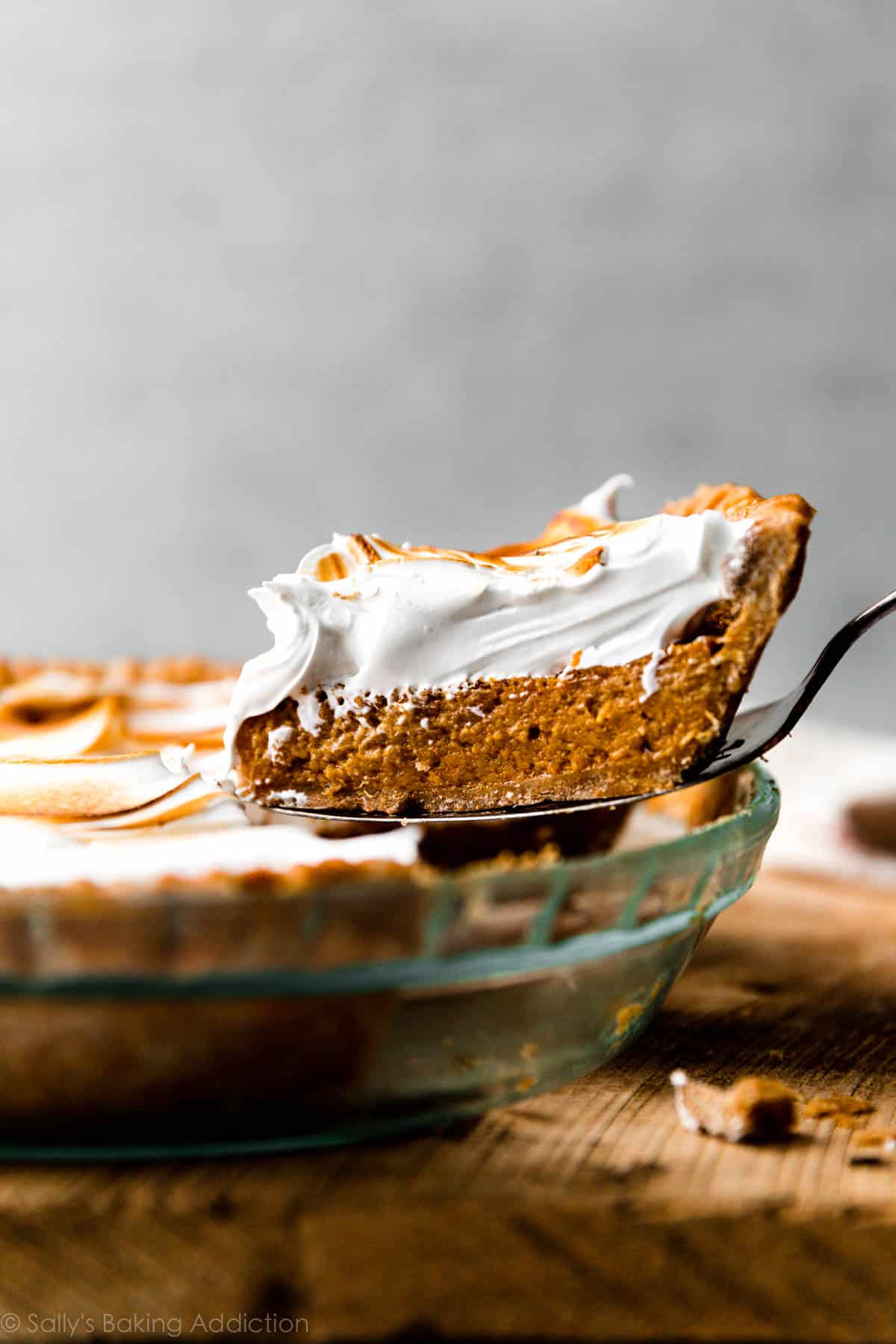 sweet potato pie slice with marshmallow meringue on top