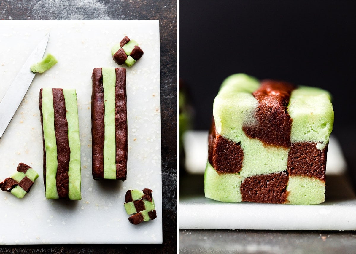 shaped mint and chocolate checkerboard icebox cookies before baking