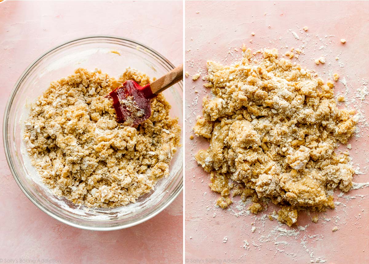 crumbly dough in glass bowl and on pink work surface