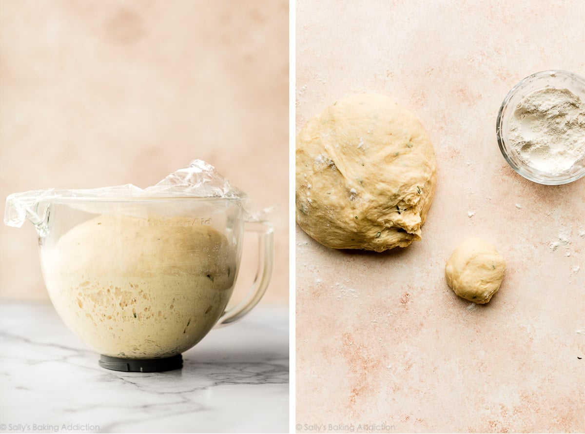 risen dough in glass bowl then another photo of dough on counter