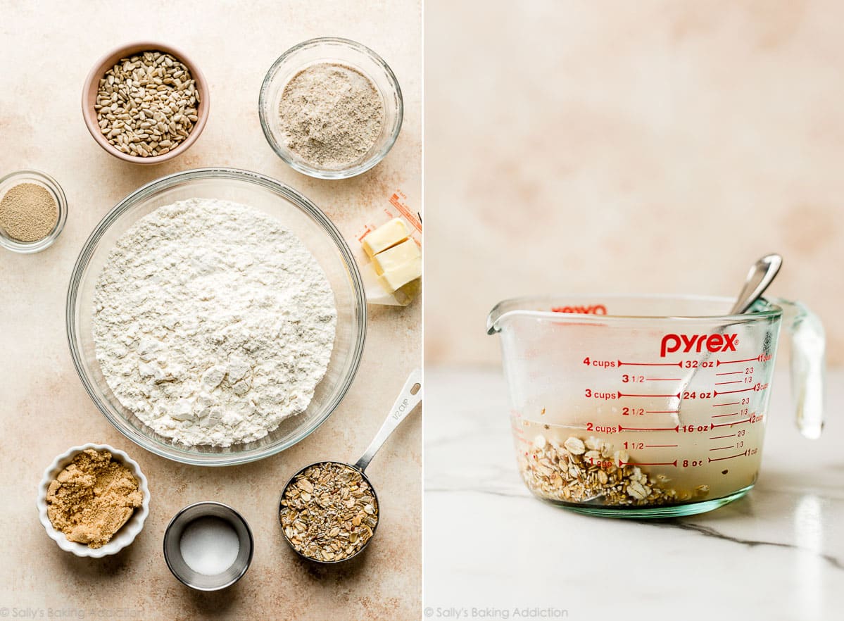 ingredients for dough and hot cereal mix with water in glass liquid measuring cup