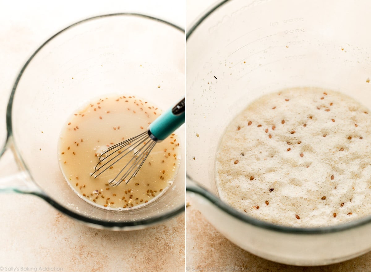 yeast mixture in glass bowl with flax seeds
