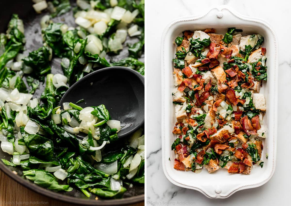 cooked spinach and onions in skillet