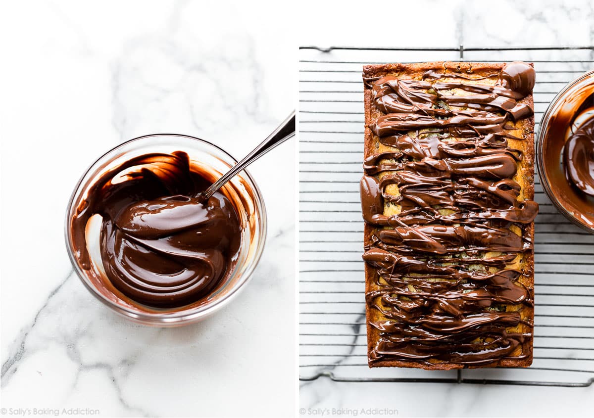 chocolate peanut butter topping in glass bowl and on a loaf cake