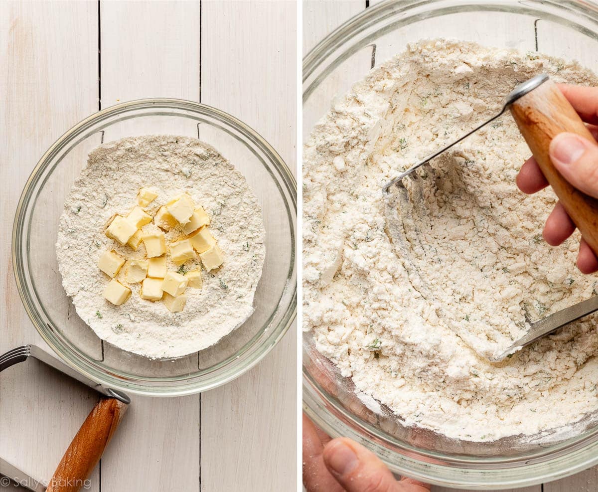 cubed butter in dry ingredients and shown again with hand cutting it in using pastry cutter.