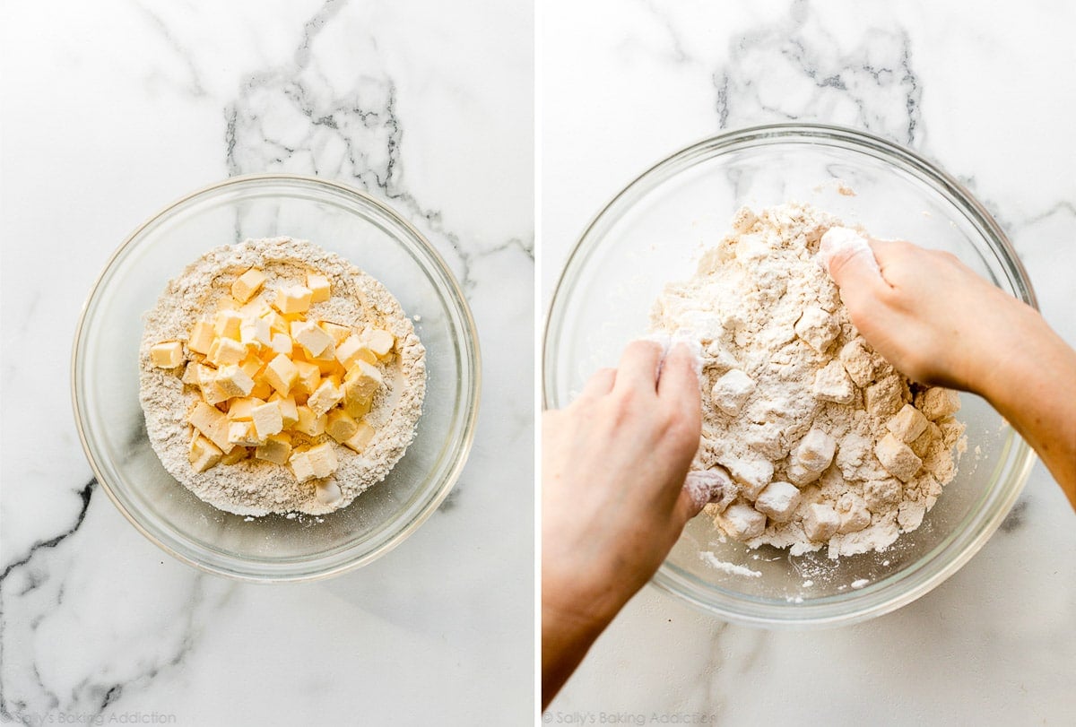 mixing rough puff pastry dough in glass bowl