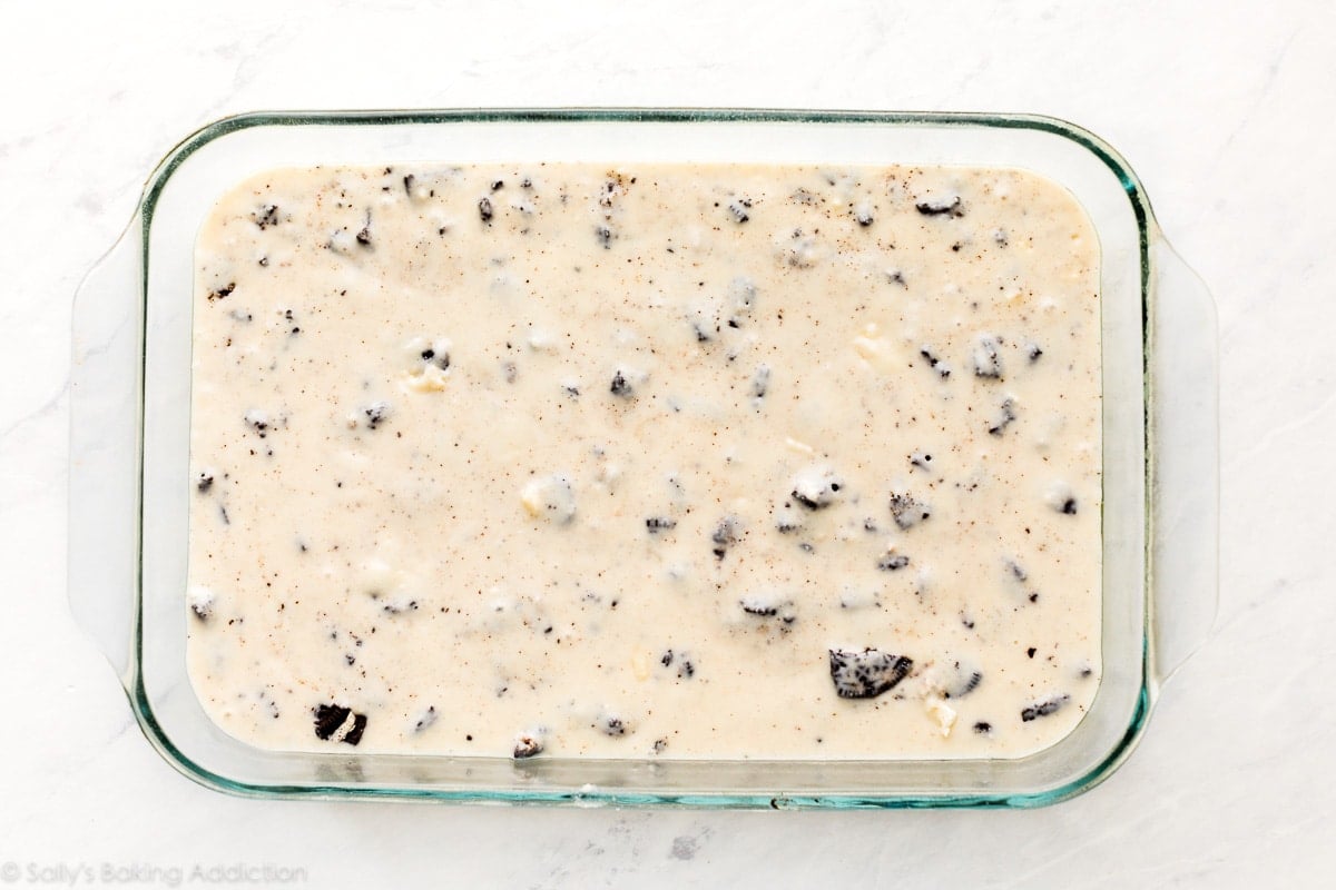 oreo cake batter in glass baking pan