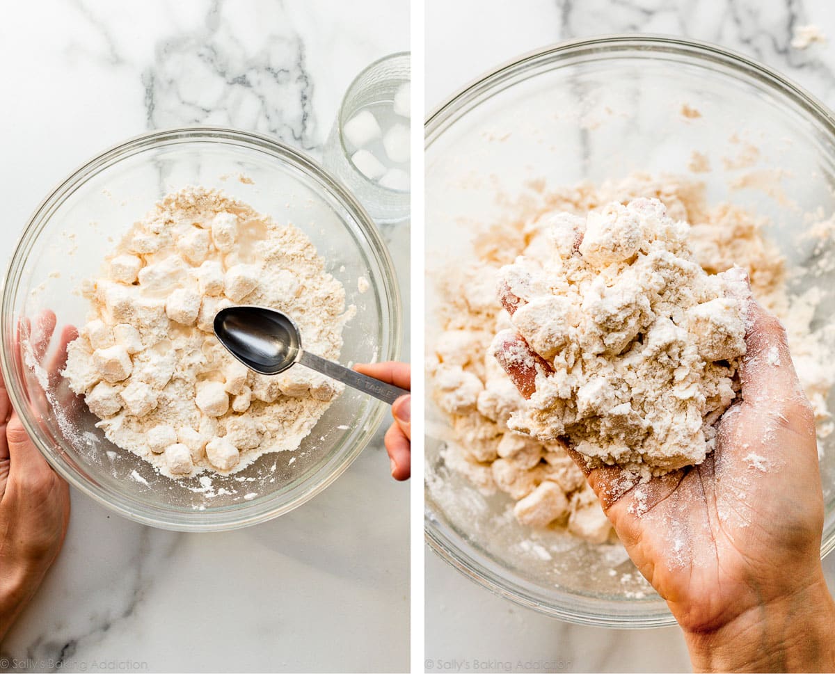mixing rough puff pastry dough in glass bowl