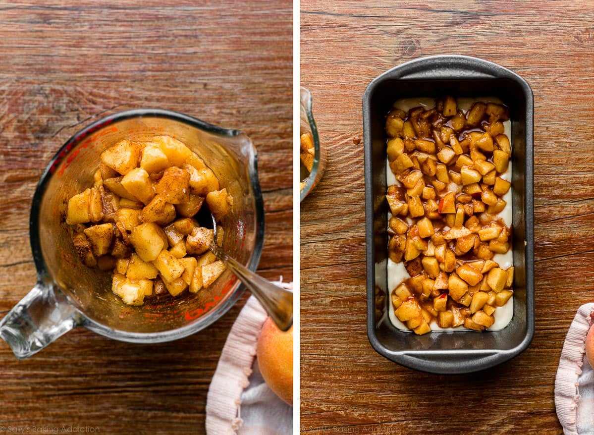 peaches layered into bread batter