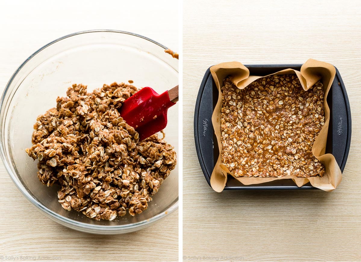 oatmeal dough in glass bowl and pressed into lined baking pan