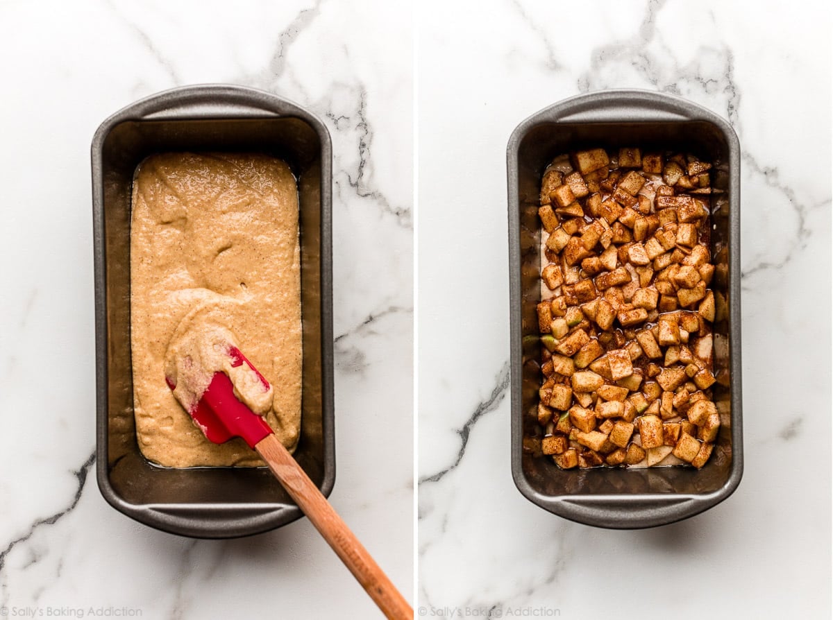 apple cinnamon batter in loaf pan