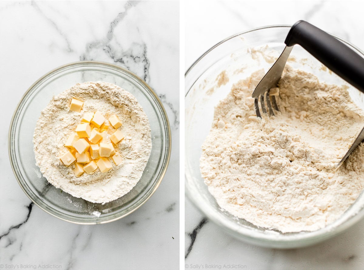 biscuit dough starting with flour, sugar, salt, and cubed butter