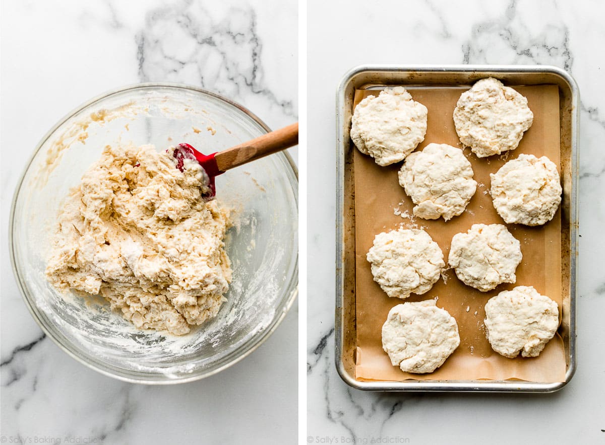 biscuit dough in bowl and shaped on tray