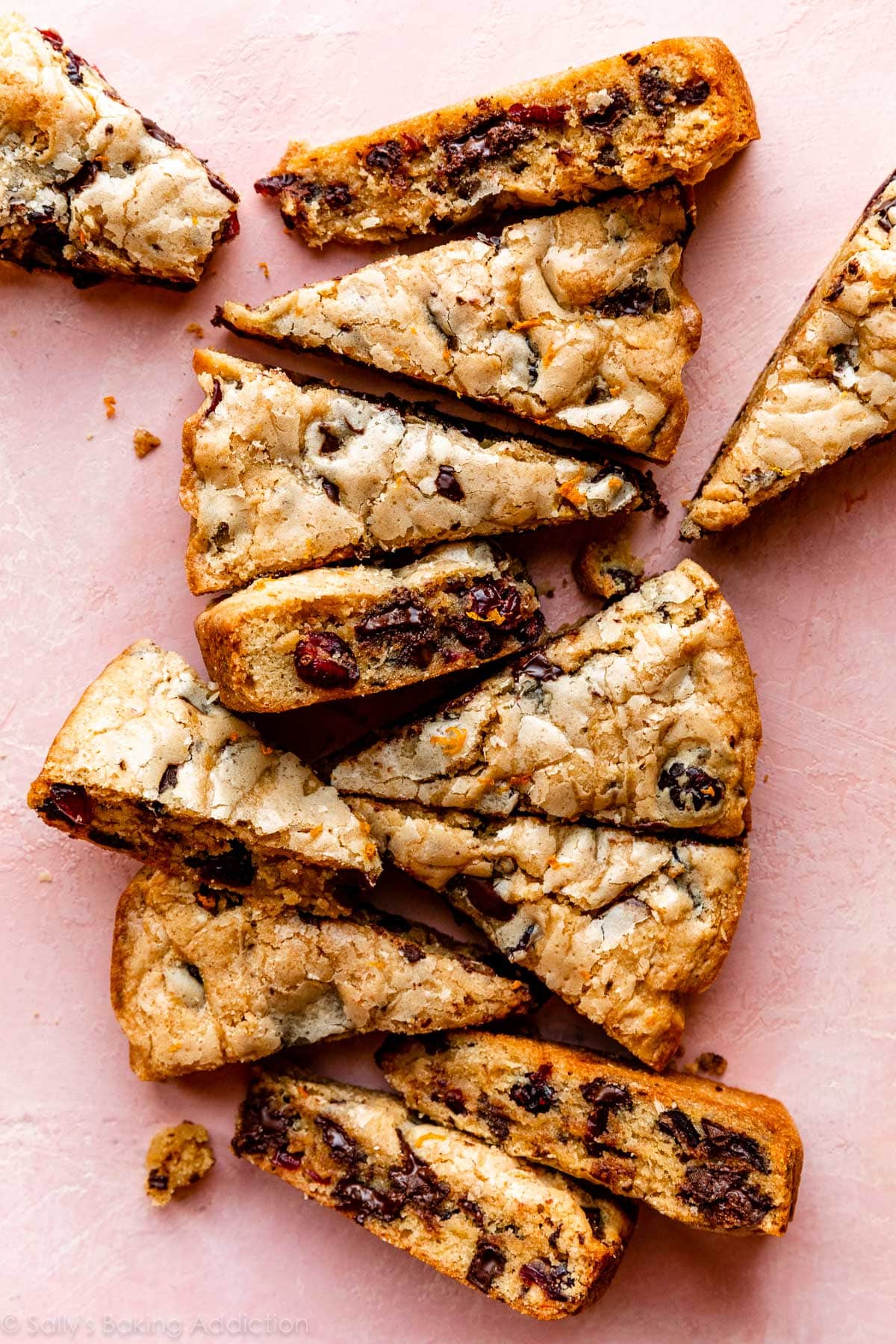triangle shaped blondies with dark chocolate and dried cranberries