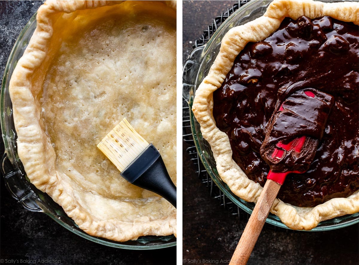 brushing crust with egg white and adding brownie filling