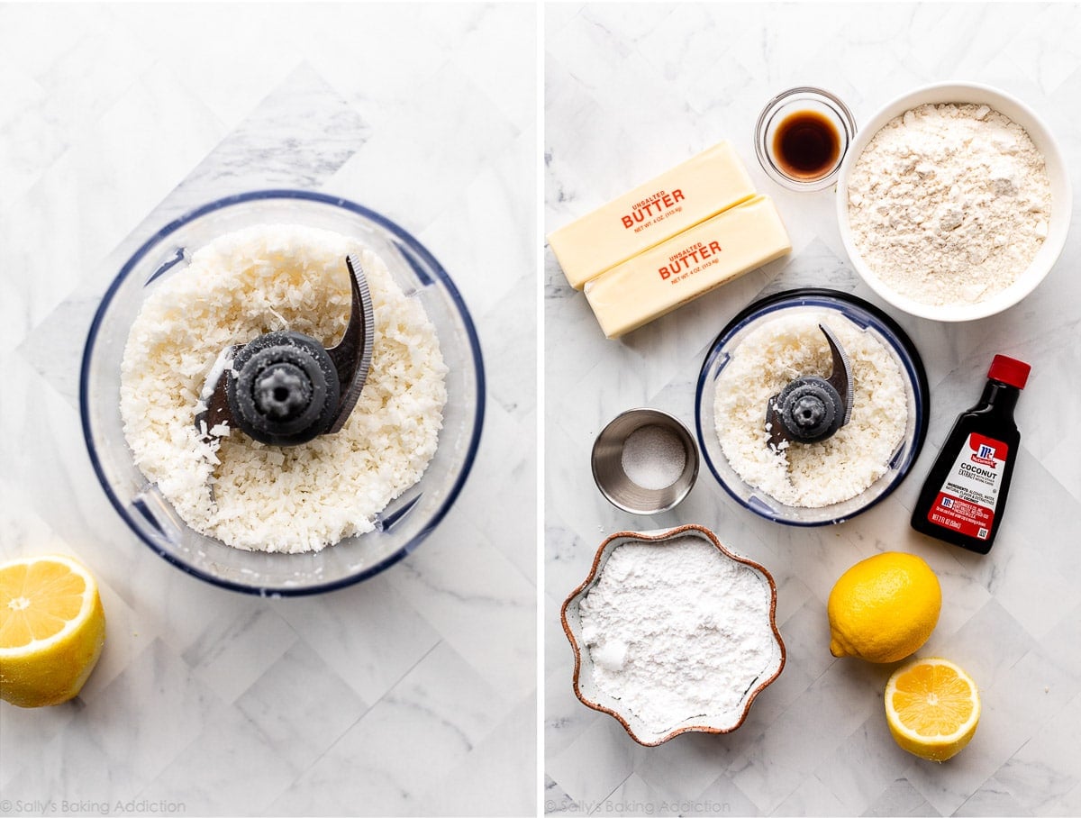 pulsed coconut plus other dough ingredients including butter, flour, and lemon