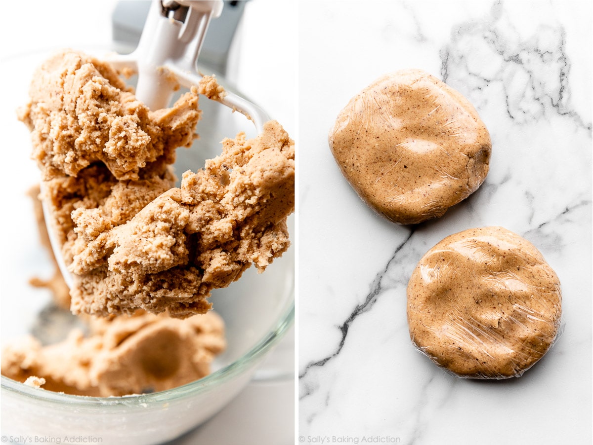 hazelnut cookie dough on beater attachment and divided in two to chill