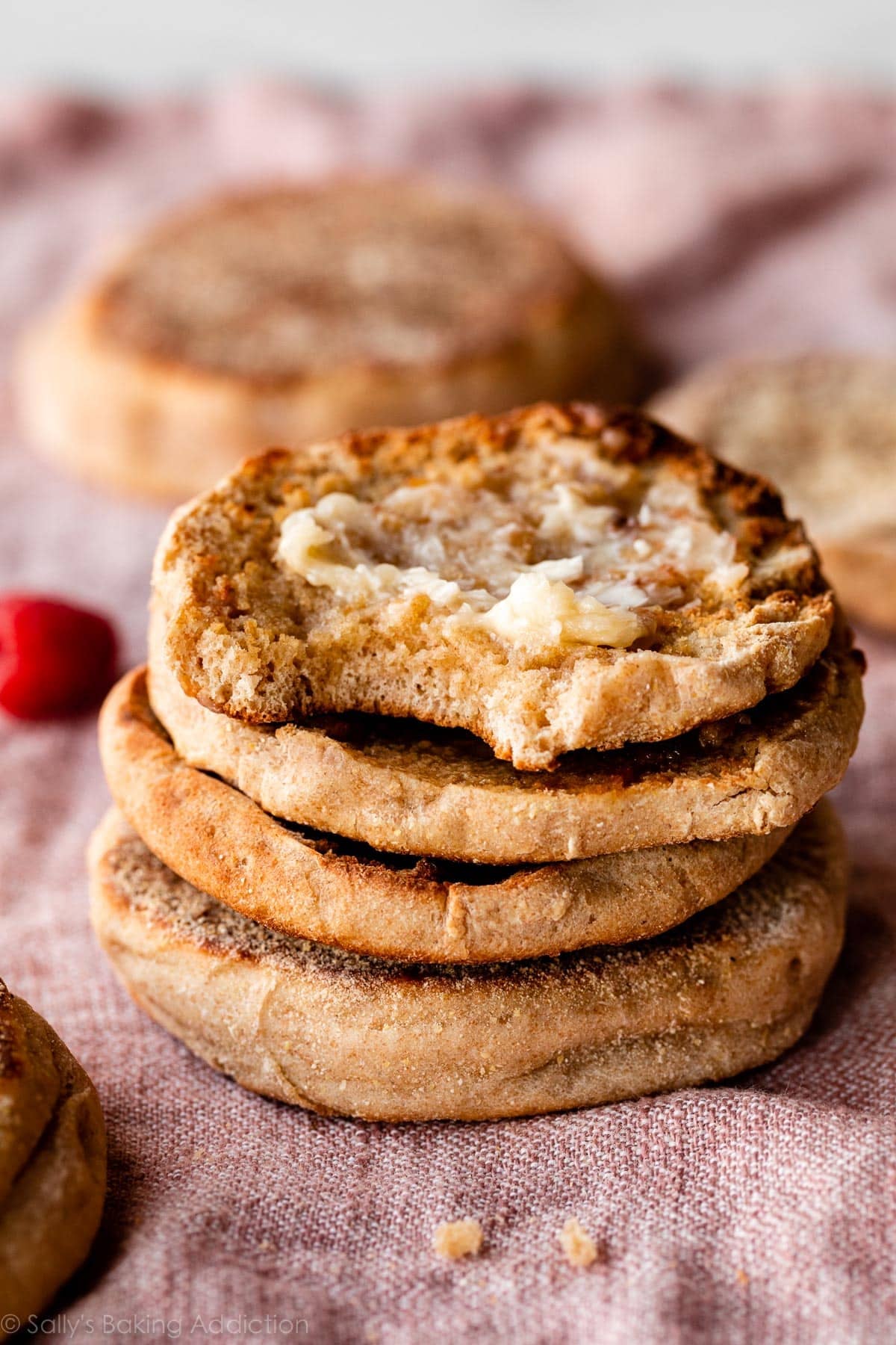 stack of homemade wheat English muffins