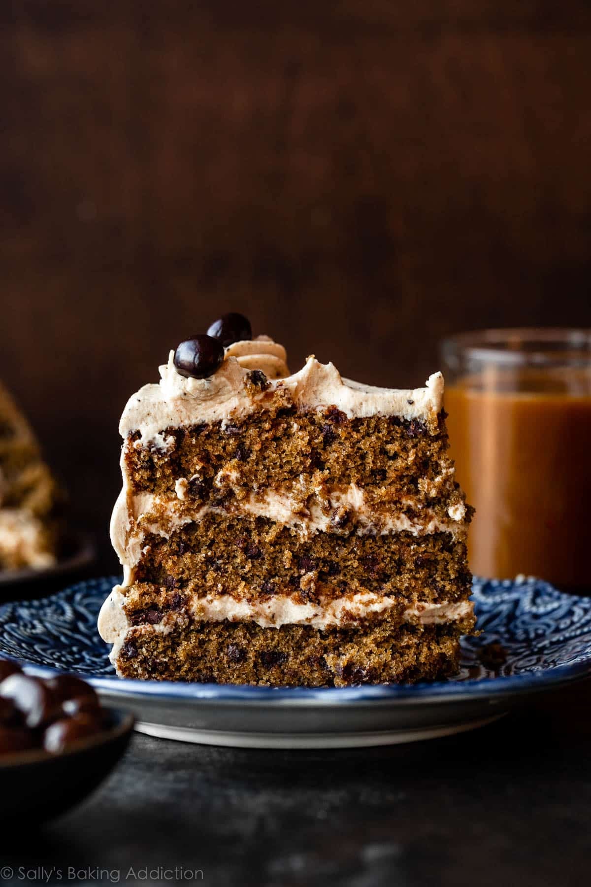 espresso chocolate chip layer cake on blue plate