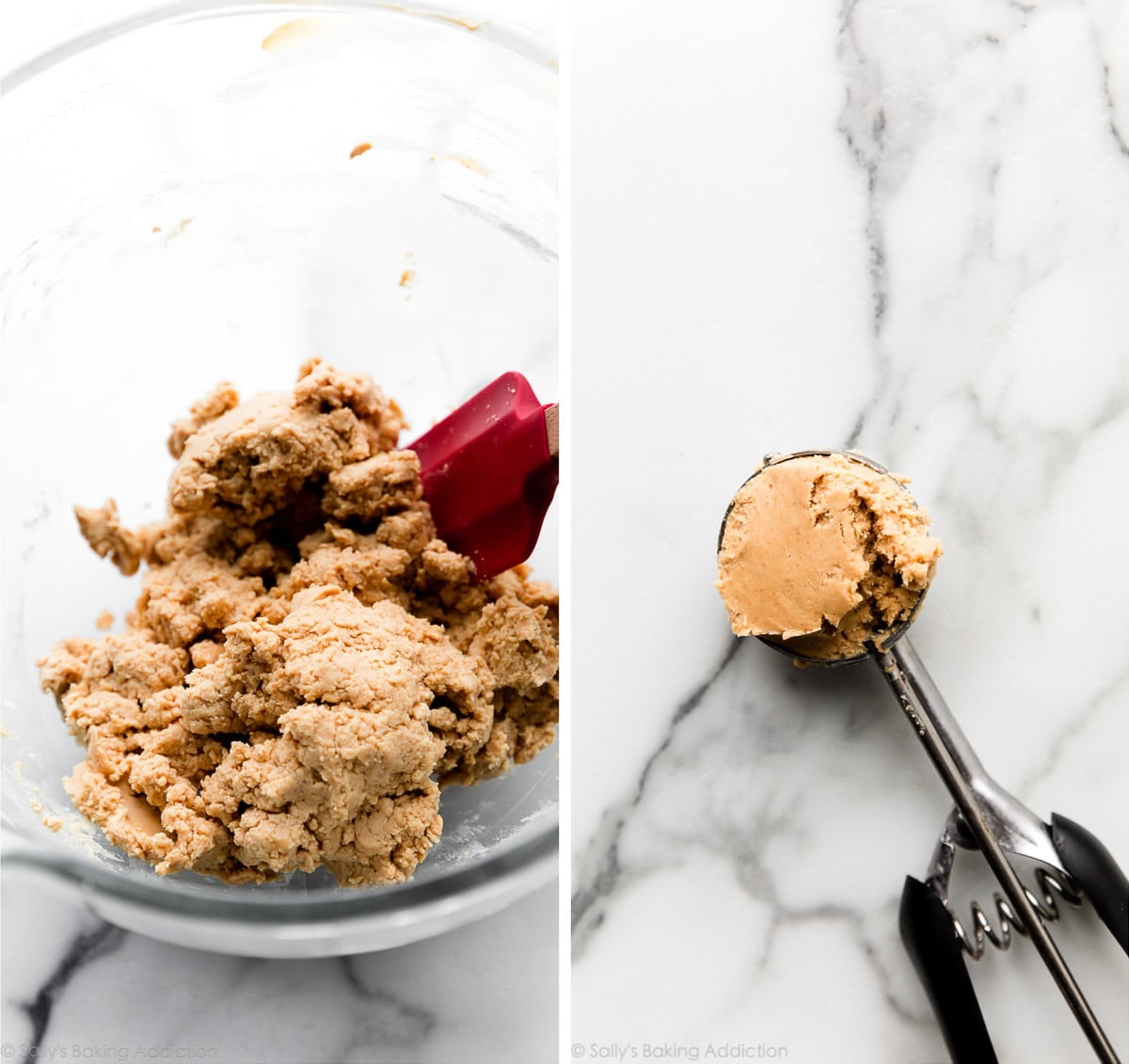 peanut butter mixture in bowl and using cookie scoop